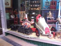 Antique toy steam engine displayed in a Sherbrooke shop.